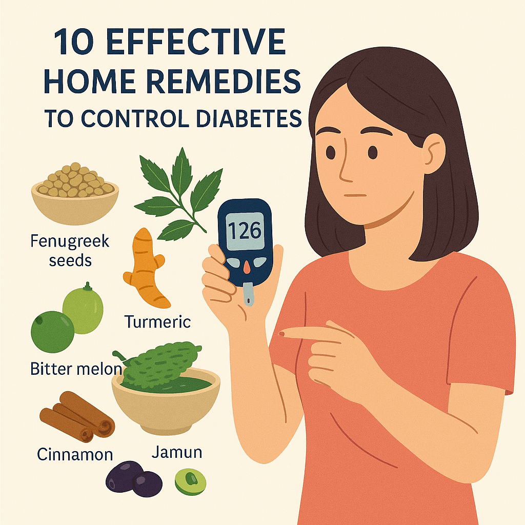 A young woman checking blood sugar level with home remedies for diabetes like bitter melon, fenugreek seeds, neem, turmeric, cinnamon, jamun, and amla – 10 effective home remedies to control diabetes"