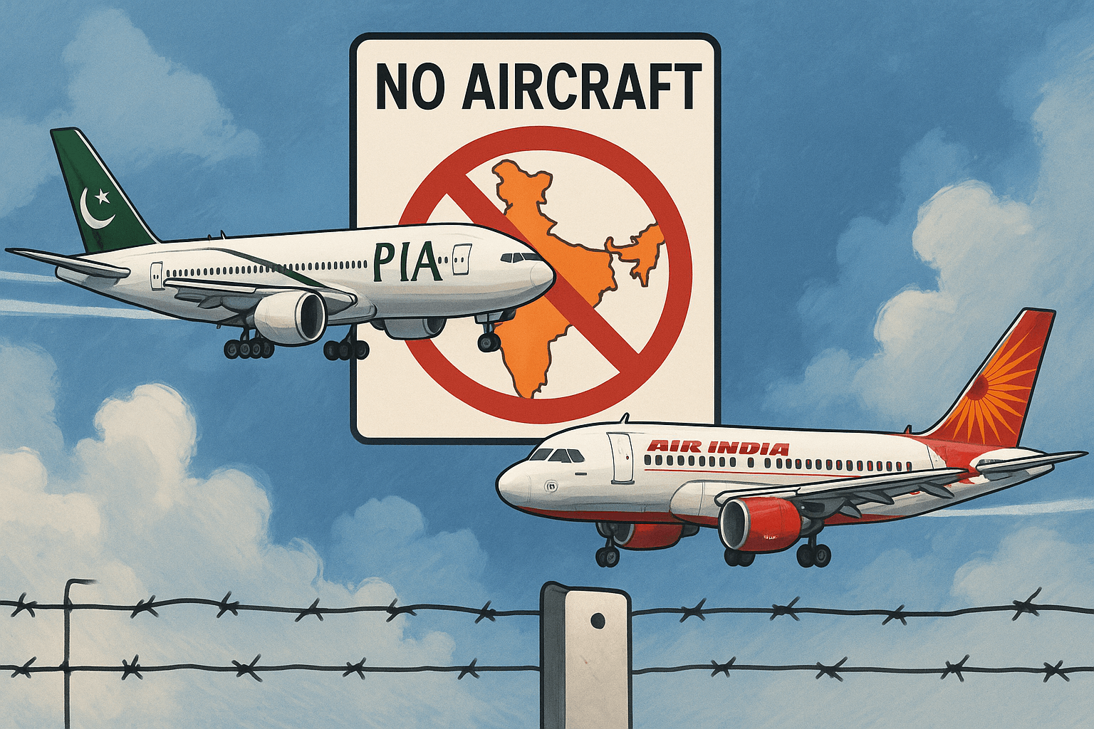 Illustration showing PIA and Air India planes flying in opposite directions with a 'No Aircraft' sign over India, symbolizing the 2025 airspace dispute between Pakistan and India."